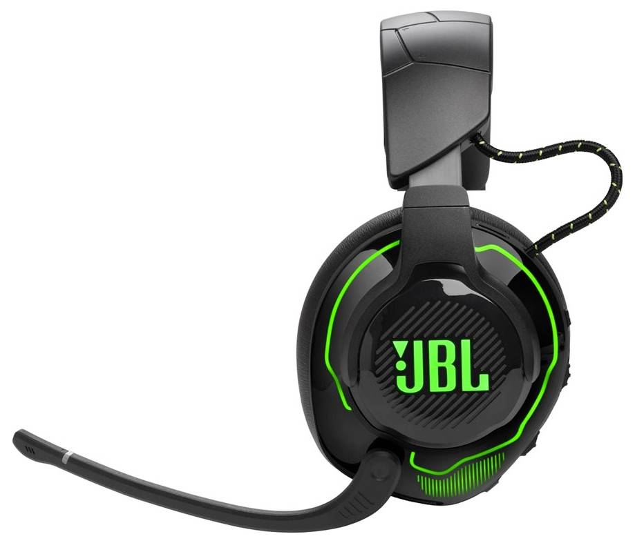 Schwarzer Over-Ear-Gaming-Headset mit neongrünen Akzenten, flexiblem Bügelmikrofon und JBL-Branding auf der Ohrmuschel.