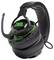 Ein schwarzes Gaming-Headset mit grünen LED-Akzenten auf den Ohrmuscheln und dem Mikrofon.