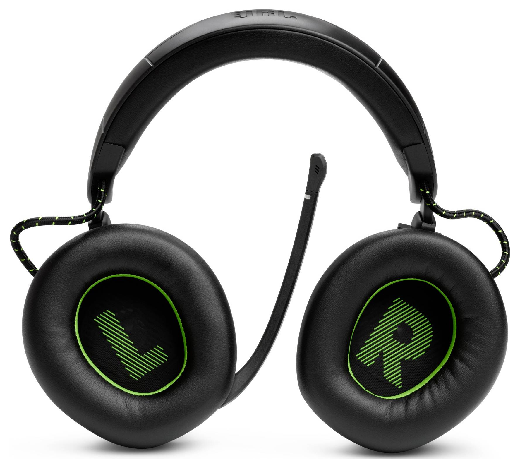 Schwarze Over-Ear-Kopfhörer mit grünen 'L'- und 'R'-Markierungen im Inneren der Ohrmuscheln, ausgestattet mit einem flexiblen Mikrofon, das an der linken Seite befestigt ist.