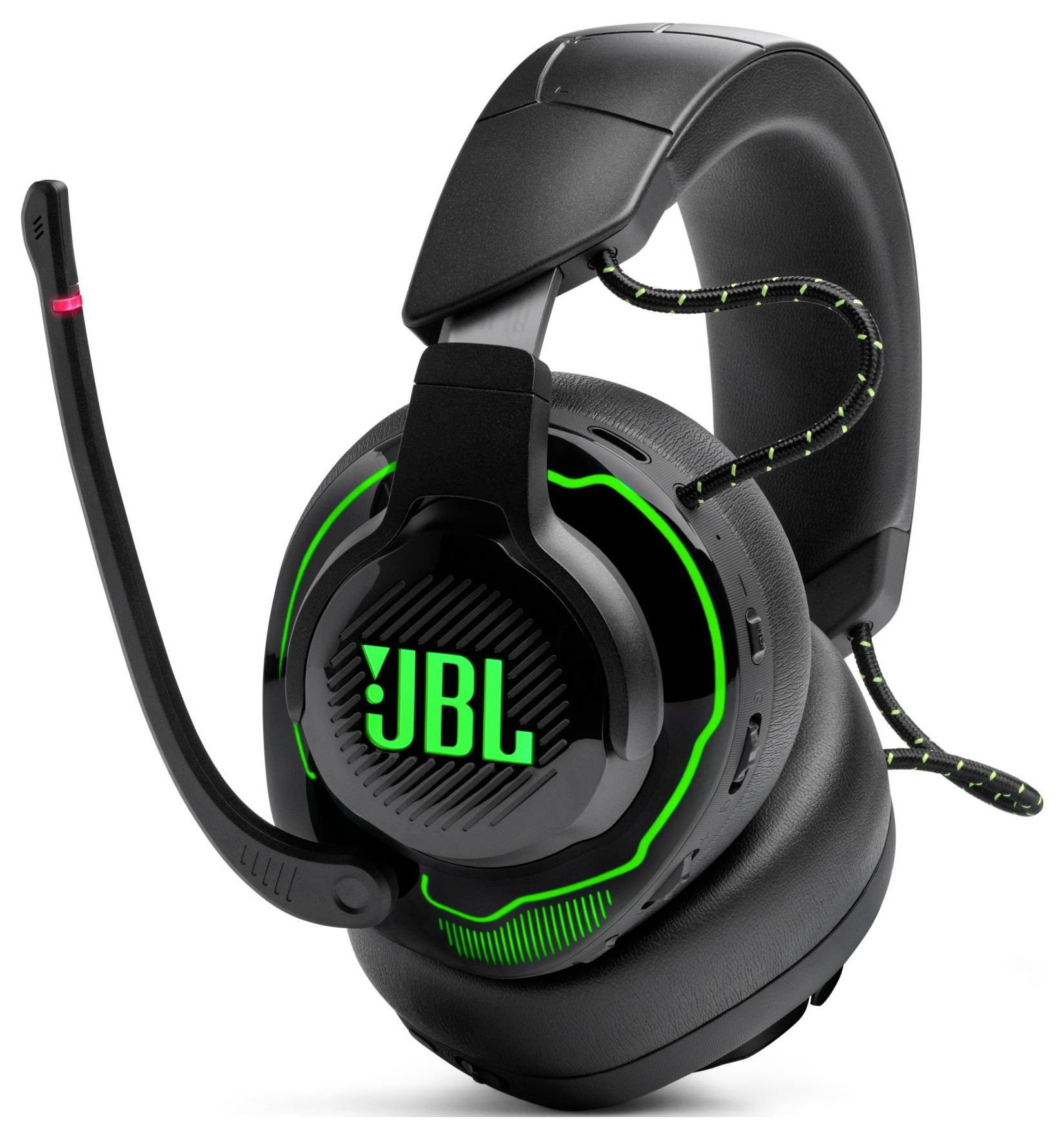 Gaming-Headset mit RGB-Beleuchtung auf den Ohrmuscheln, verstellbarem Mikrofon und Markenlogo. Primär schwarz mit neongrünen Akzenten.
