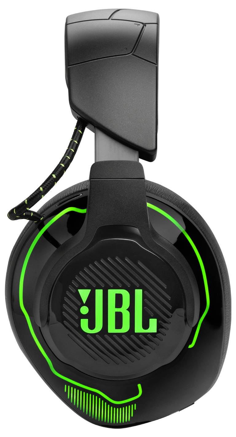 Schwarze JBL Gaming-Kopfhörer mit grünen LED-Akzenten, ausgestattet mit einer gepolsterten Kopfbügel und Ohrmuscheln für maximalen Komfort.