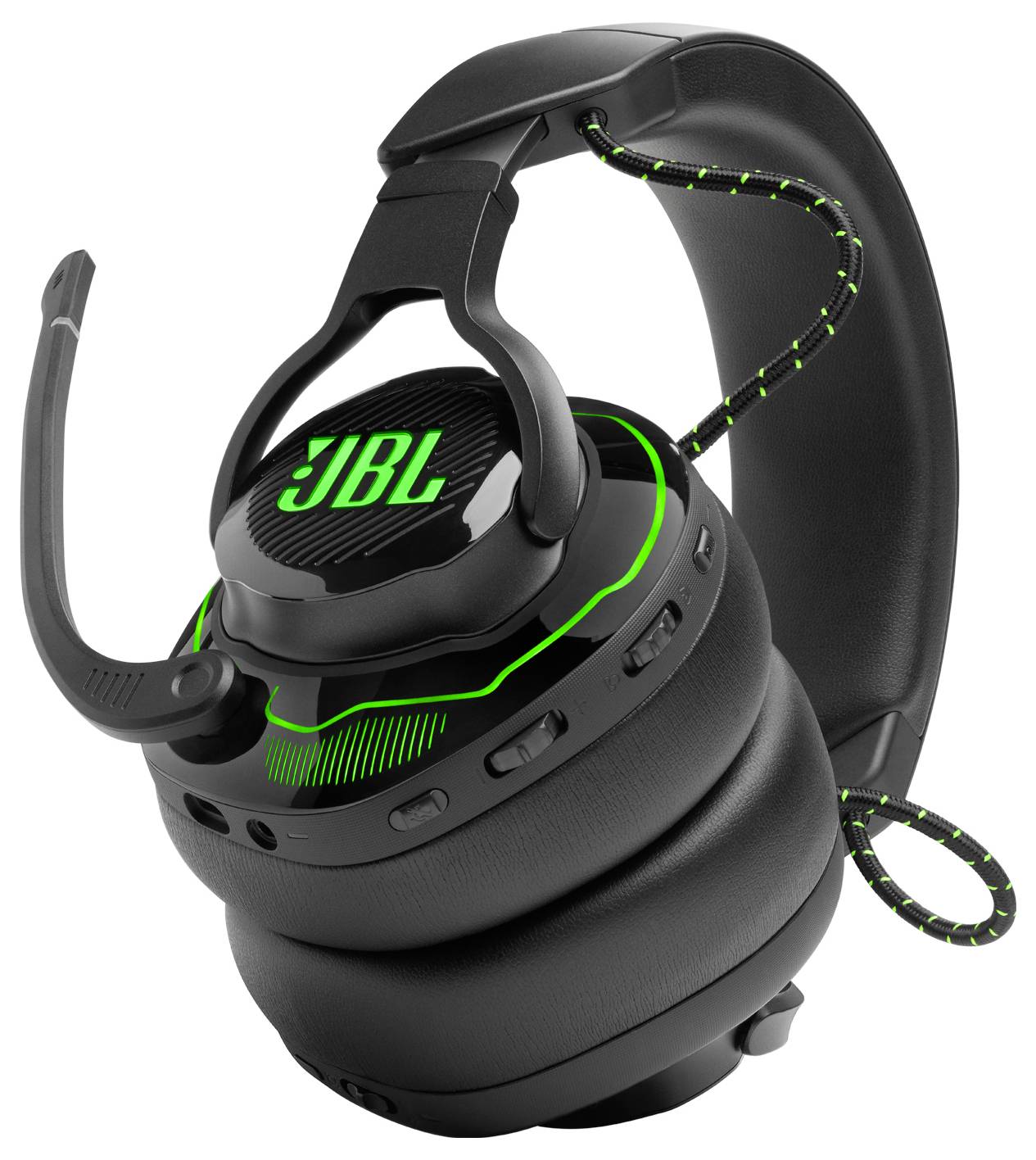 Schwarzer Gaming-Headset mit grünen LED-Akzenten und abnehmbarem Mikrofon, das das Markenlogo auf der Ohrmuschel präsentiert. Dicke gepolsterte Kopfbügel und Ohrpolster.