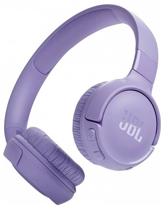 Lila kabellose Over-Ear-Kopfhörer mit JBL-Logo auf der Ohrmuschel, Lautstärkeregelungstasten an der Seite, gepolsterten Ohrpolstern, verstellbarem Kopfbügel.