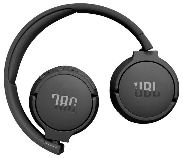 Schwarze JBL-Wireless-Kopfhörer mit faltbarem Design, die das Markenlogo auf den Ohrmuscheln präsentieren, vor einem weißen Hintergrund.