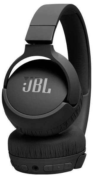 Schwarze Over-Ear-Kopfhörer mit Wireless-Technologie, auf deren Ohrmuschel das 'JBL'-Logo angebracht ist, ausgestattet mit gepolsterter Passform für Komfort und Bedienungstasten für Steuerungsfunktionen.