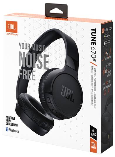 JBL Tune 670NC Wireless-Kopfhörer mit adaptiver Geräuschunterdrückung und Bluetooth, dargestellt auf einer weißen Box mit orange und schwarzen Akzenten.