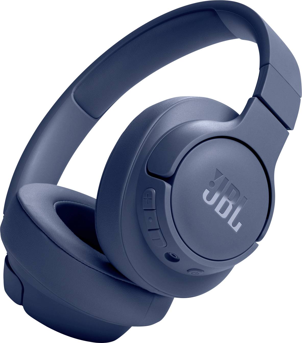 Blaue Over-Ear-Kopfhörer mit gepolstertem Kopfbügel und Ohrpolstern, mit Kontrollbuttons an der Seite.