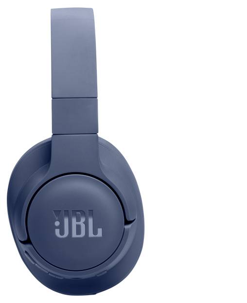 Blaue JBL Over-Ear-Kopfhörer, die nach links ausgerichtet sind und das Markenlogo prominent auf der Ohrmuschel zeigen.
