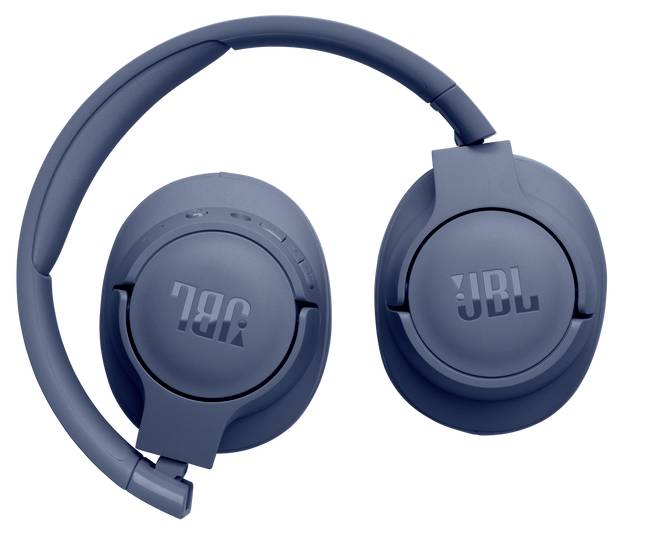 Blaue JBL kabellose Kopfhörer, die Ohrmuscheln mit Logo zeigen, flach zusammengefaltet zur Aufbewahrung, eine elegante und kompakte Bauweise präsentierend.