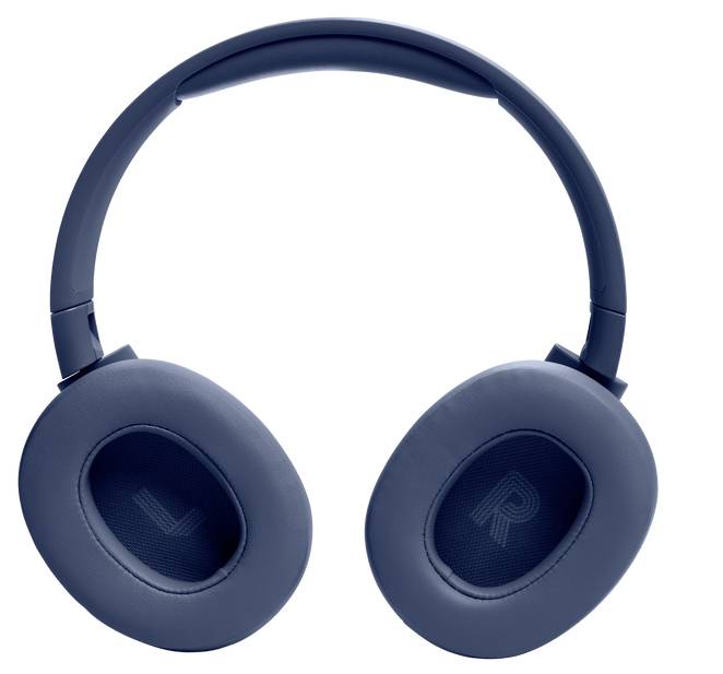 Blaue Over-Ear-Kopfhörer mit 'L'- und 'R'-Buchstaben, die die linke und rechte Seite kennzeichnen, aufrecht positioniert.