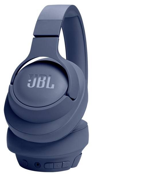 Ein Paar blaue JBL Over-Ear-Kopfhörer mit gepolsterter Kopfbügel und sichtbaren Bedienungstasten an der rechten Ohrmuschel.