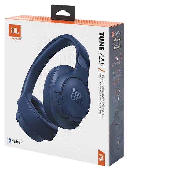 Karton der 'JBL Tune 720 BT' Over-Ear Bluetooth-Kopfhörer mit Hervorhebung der Bluetooth-Kompatibilität, Batterielaufzeit und Klangfunktionen.