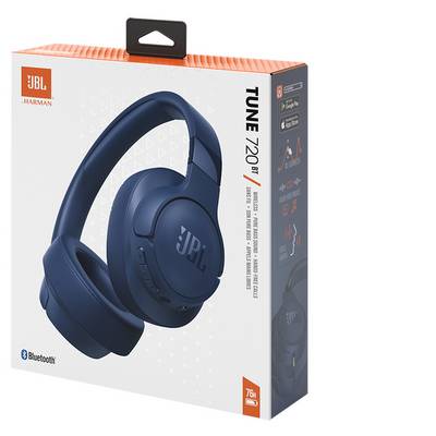 Karton der 'JBL Tune 720 BT' Over-Ear Bluetooth-Kopfhörer mit Hervorhebung der Bluetooth-Kompatibilität, Batterielaufzeit und Klangfunktionen.