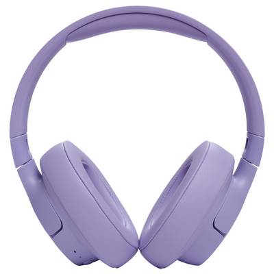 Lila Over-Ear-Kopfhörer mit gepolsterten Ohrmuscheln und verstellbarem Kopfbügel, aufrecht vor einem schlichten weißen Hintergrund positioniert.