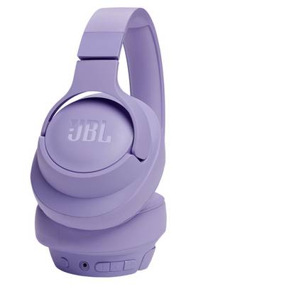 Lila JBL-Kopfhörer mit elegantem Design, die Bedienungstasten und kabelgebundene Anschlussmöglichkeiten auf der Ohrmuschel zeigen.