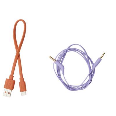 Ein orangefarbenes USB-Kabel und ein lila Audiokabel auf weißem Hintergrund, die verschiedene Konnektivitätsoptionen zeigen.