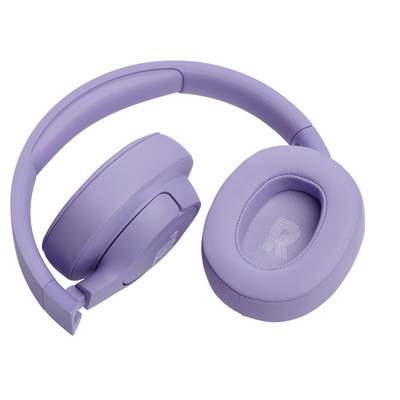 Lila Over-Ear-Kopfhörer mit gepolstertem Bügel und ovalen Ohrmuscheln, von der Seite aufgenommen, wobei die rechte Ohrmuschel mit einem "R" markiert ist.