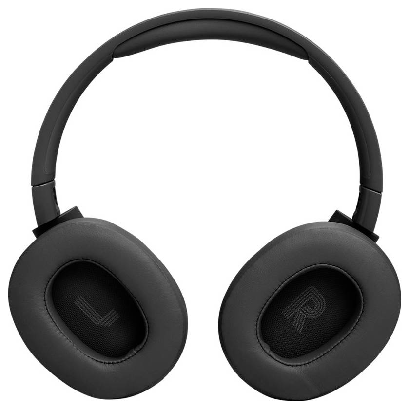 Schwarze Over-Ear-Kopfhörer mit gepolsterten Ohrmuscheln, auf der linken Seite mit 'L' und auf der rechten Seite mit 'R' beschriftet, vor einem weißen Hintergrund.