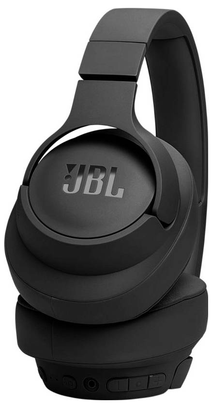 Schlanke schwarze Over-Ear-JBL-Kopfhörer mit geschwungener Design-Linie und sichtbaren Bedienungstasten, die ein modernes und stilvolles Audio-Accessoire vermitteln.