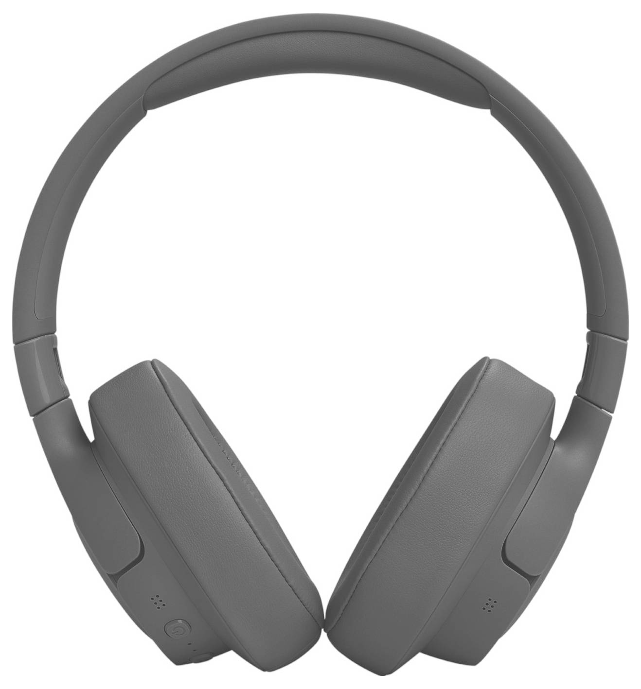 Graue Over-Ear-Drahtloskopfhörer, die nach vorne gerichtet vor einem weißen Hintergrund stehen.