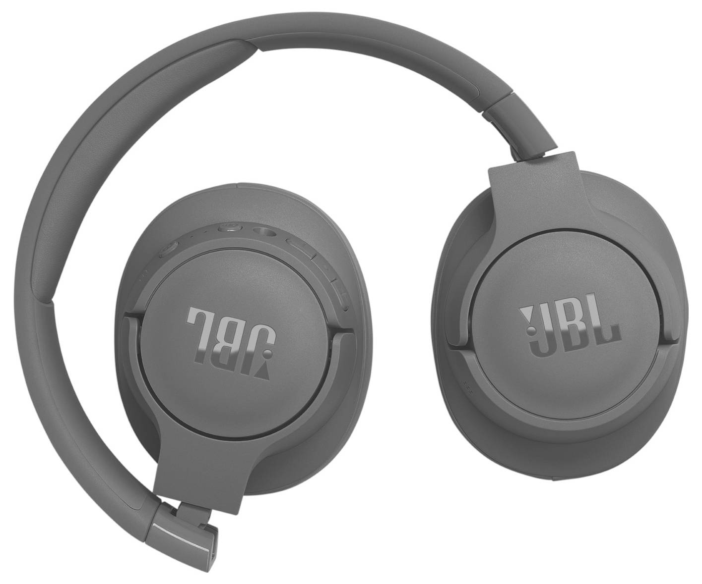 Graue JBL Over-Ear-Kopfhörer mit faltbarem Design, die Ohrmuscheln mit Markenlogo präsentierend.