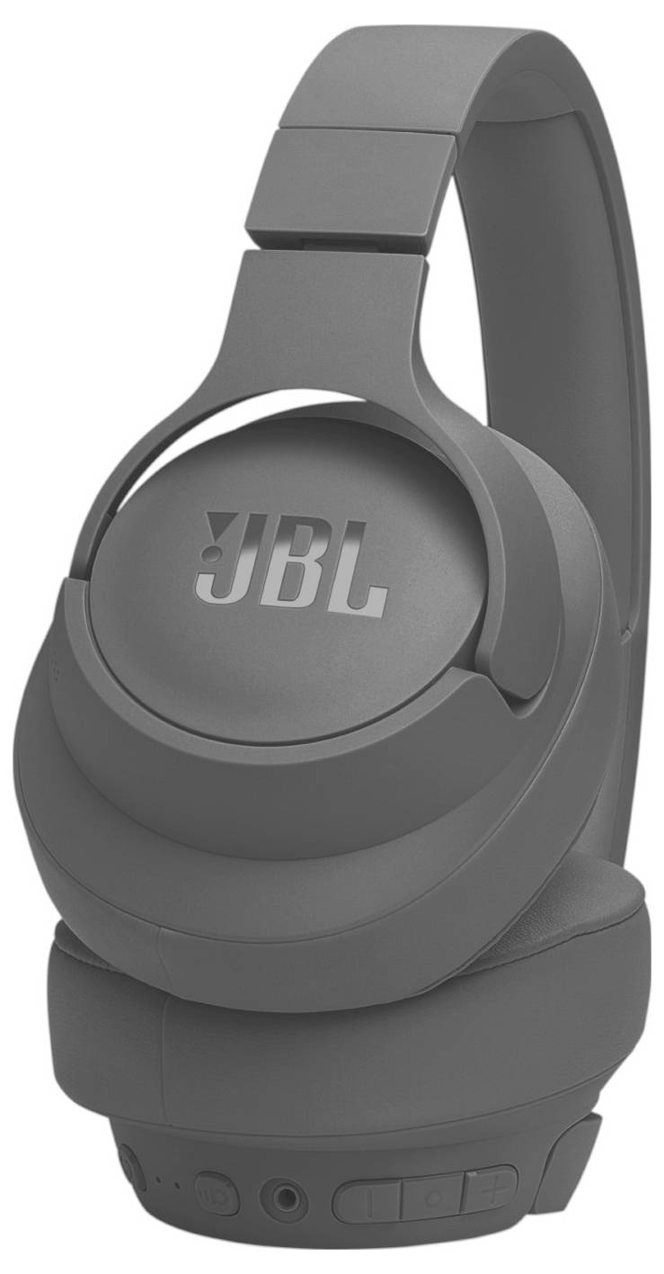 Ein Paar graue JBL Over-Ear-Kopfhörer mit Bluetooth, ausgestattet mit gepolsterten Ohrmuscheln und Kopfbügel, mit Tasten und Anschlüssen an einer Ohrmuschel für Bedienelemente.