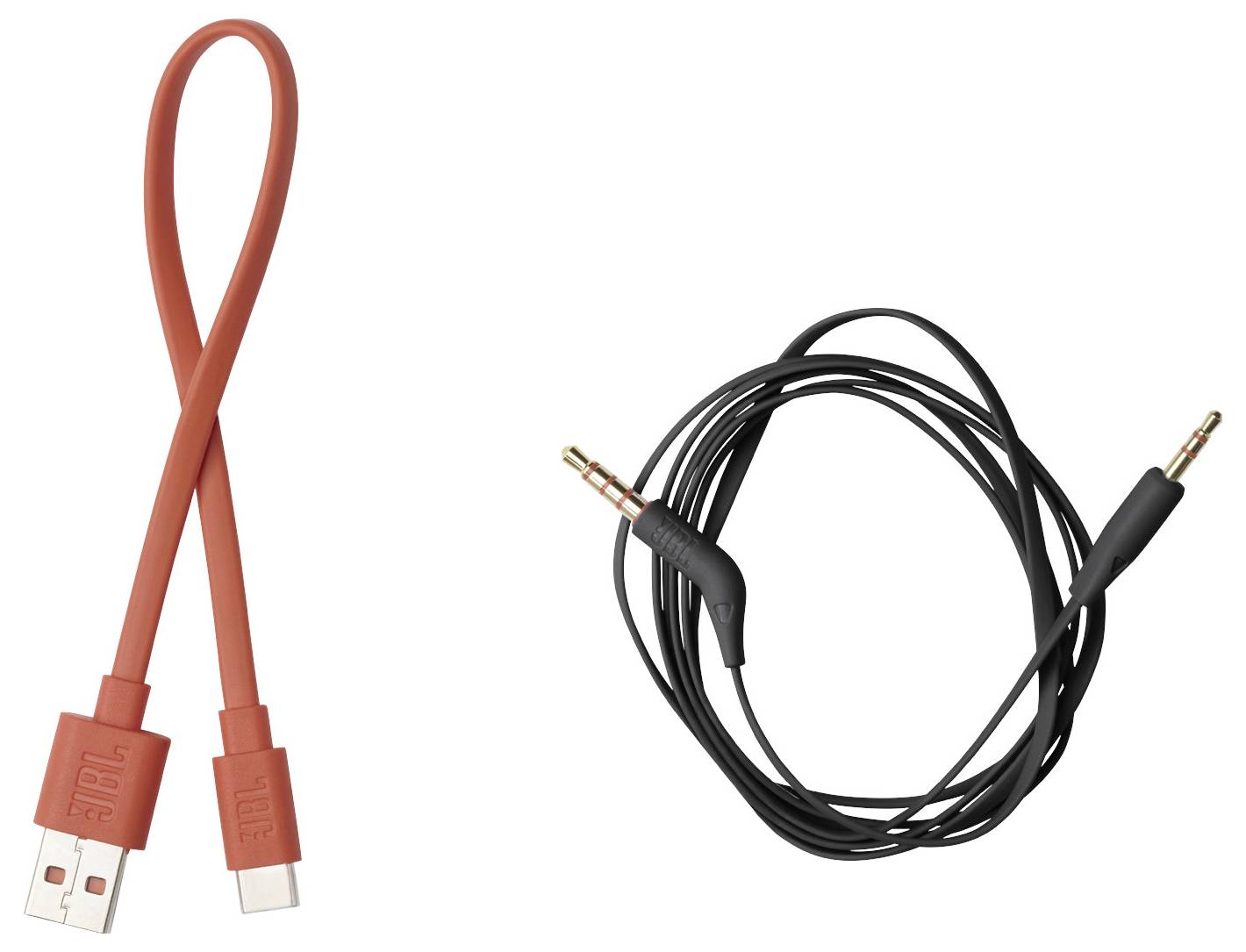 Zwei Kabel: ein rotes USB-C-Kabel links und ein aufgewickeltes schwarzes 3,5-mm-Audiokabel rechts.