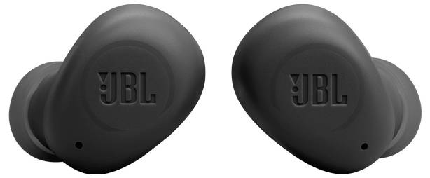 Schwarze JBL drahtlose Ohrhörer, nebeneinander, mit sichtbarem Markenlogo auf jedem Hörer.