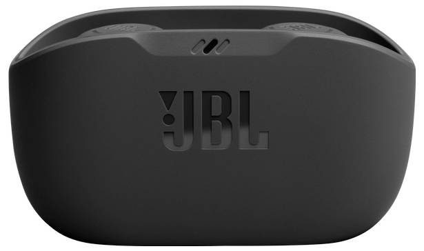 Schwarze JBL-Wireless-Ohrhörer-Ladehülle, geschlossen, mit JBL-Logo auf der Vorderseite.