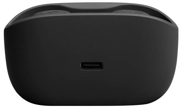 Ein schwarzer Wireless-Earbud-Ladeetui wird gezeigt, der eine USB-C-Buchse mittig an der Vorderseite hat.