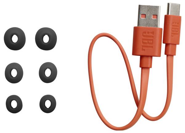 Ein orangefarbenes USB-C-Kabel mit dem 'JBL'-Logo auf den Anschlüssen, zusammen mit sechs schwarzen, runden Kabelorganisatoren, die in zwei Spalten angeordnet sind.