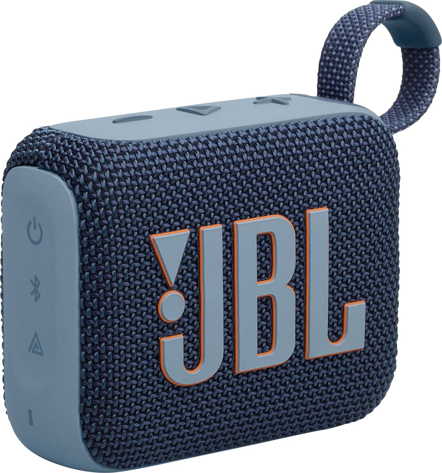 Ein kompakter, blauer tragbarer Lautsprecher mit gewebter Textur und dem 'JBL'-Logo in kräftigem Orange, versehen mit einer Schlaufe zum einfachen Tragen.