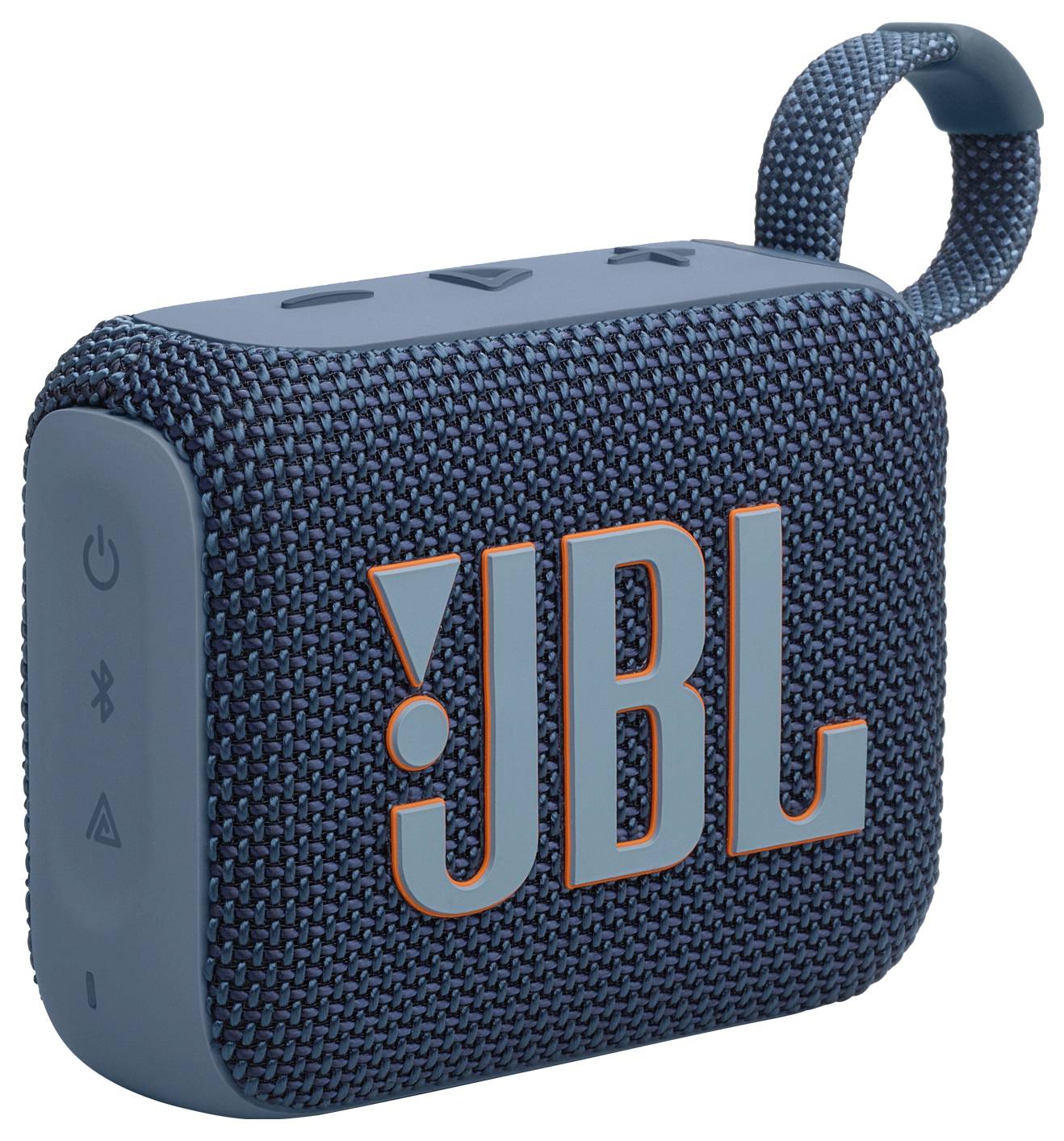 Ein tragbarer blauer JBL-Lautsprecher mit gewebter Textur und Markenlogo, ausgestattet mit Tasten und einer Schlaufe zum einfachen Tragen.