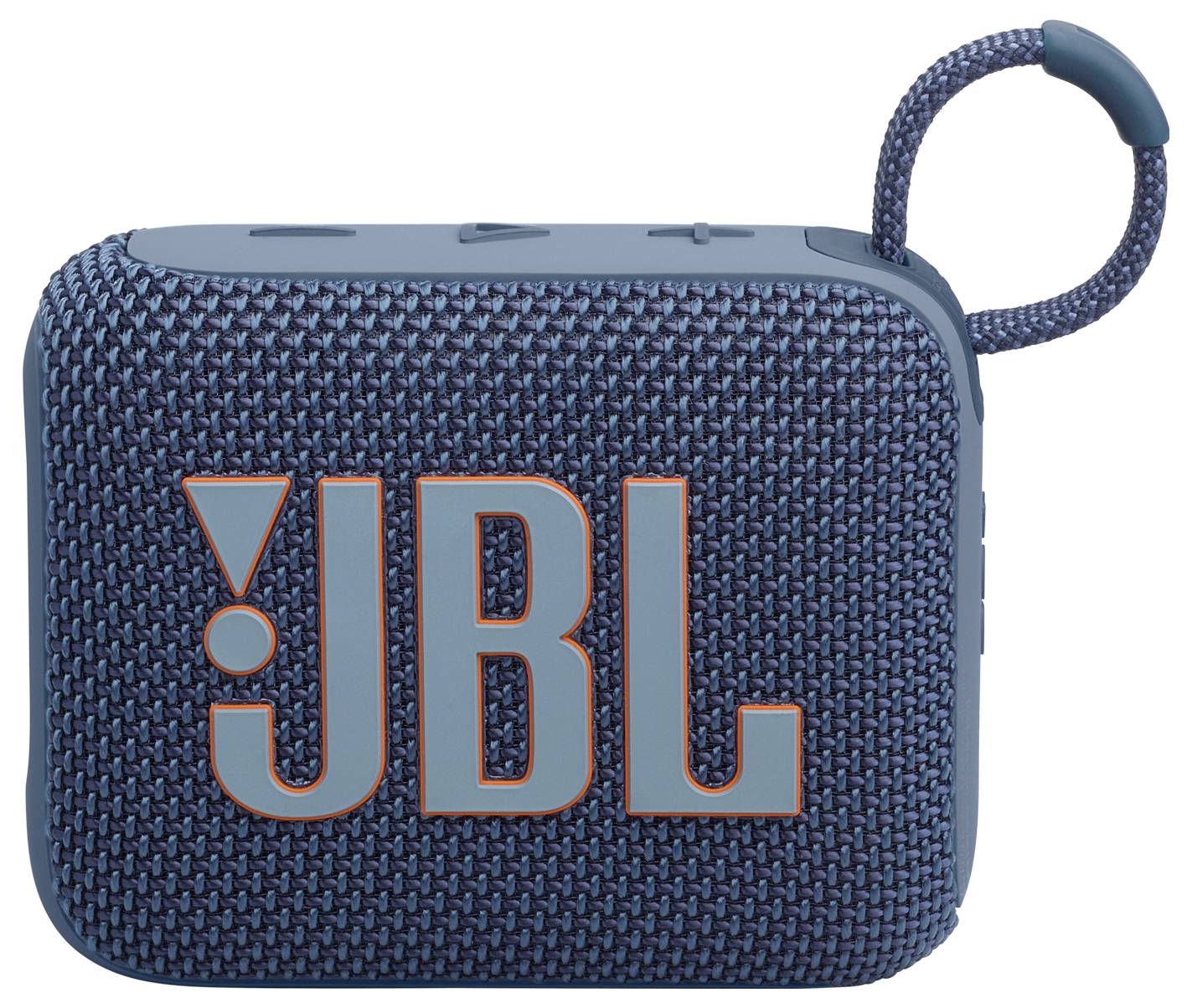 Ein blauer tragbarer Bluetooth-Lautsprecher mit einem Stoffbezug und einer Schlaufe zum Tragen. Das Markenlogo 'JBL' ist prominent auf der Vorderseite angebracht.