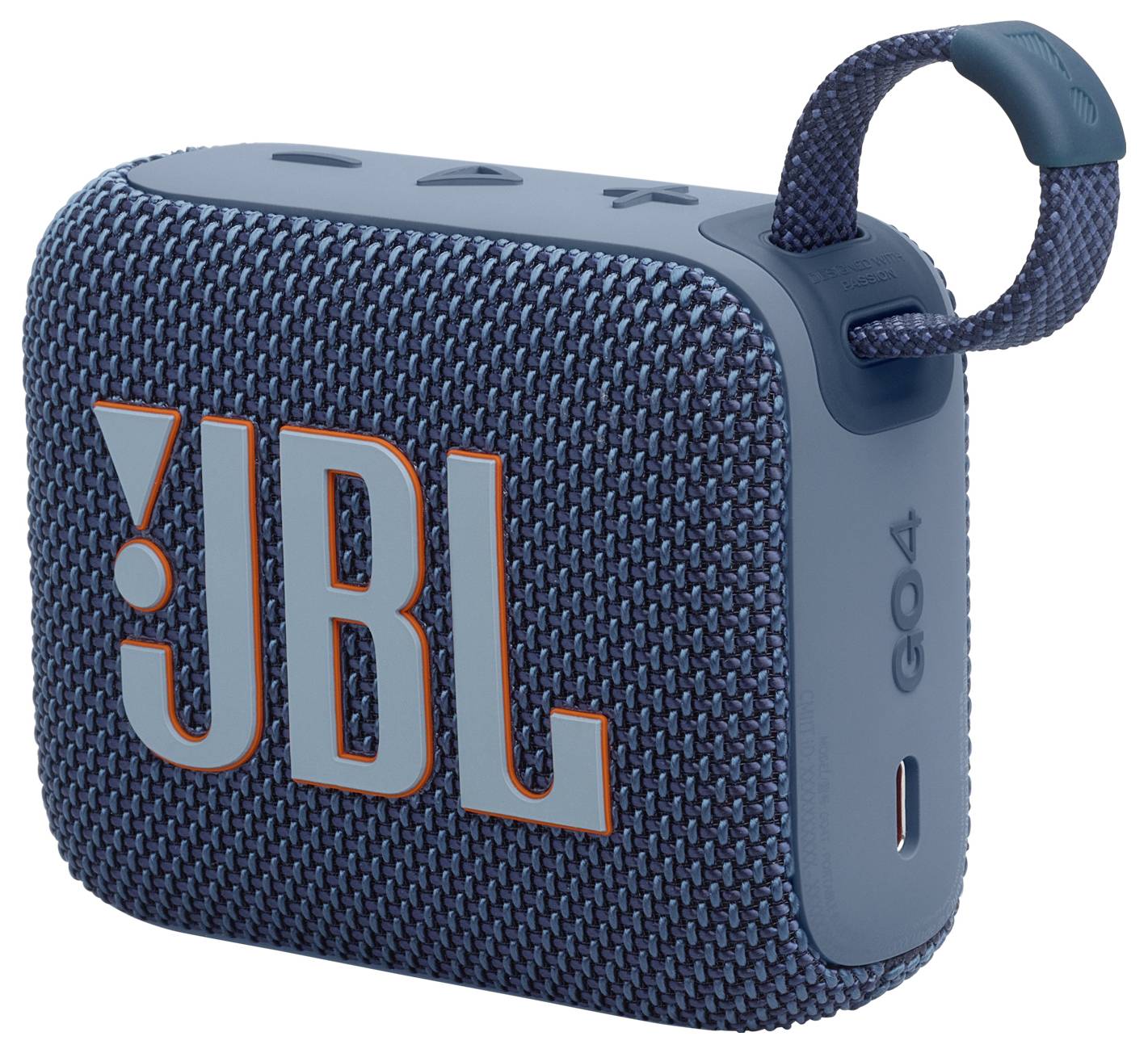 Ein blauer tragbarer Lautsprecher mit 'JBL' Logo, Stoffaußenhülle und einer Tragschlaufe. Kompaktes Design, geeignet für Reisen oder den Einsatz im Freien.
