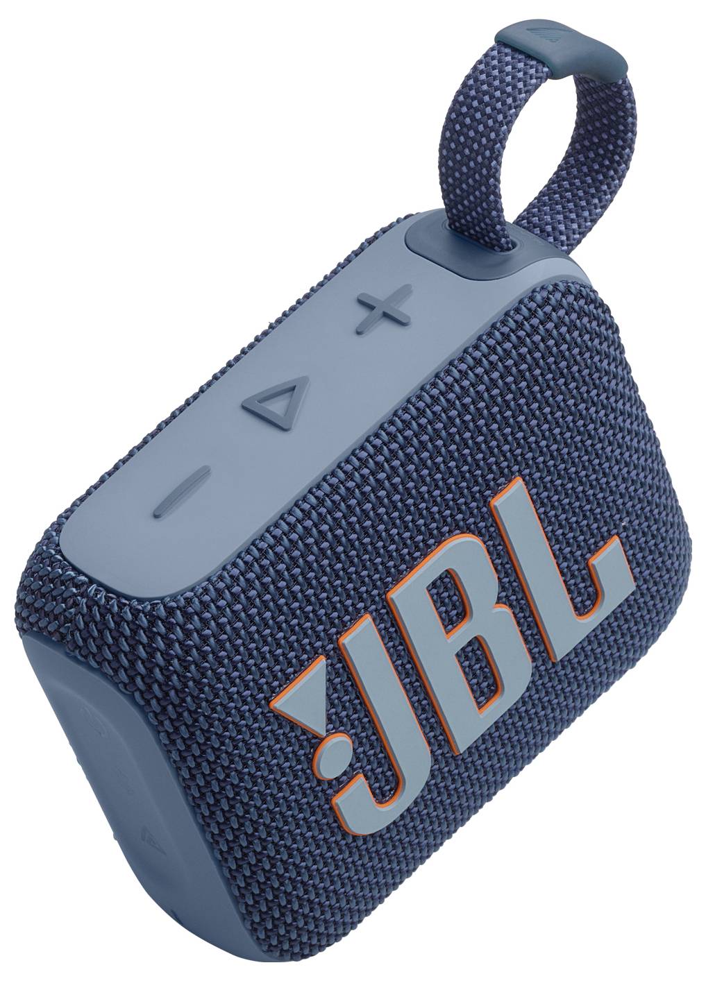 Ein blauer tragbarer Bluetooth-Lautsprecher mit einer texturierten Oberfläche, der das 'JBL' Logo und Bedienelemente für Ein/Aus, Wiedergabe und Lautstärke aufweist.