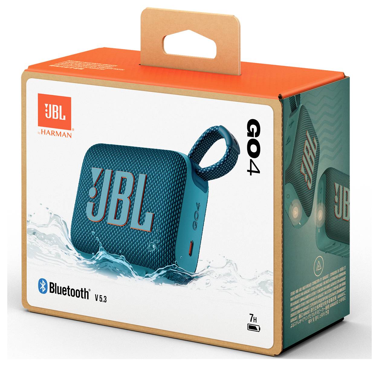 Eine JBL GO 4 Bluetooth-Lautsprecherbox, die einen türkisfarbenen Lautsprecher mit dem 'JBL'-Logo, einen Wasserspritzereffekt, Bluetooth-Version 5.3 und eine Akkulaufzeit von 7 Stunden zeigt.