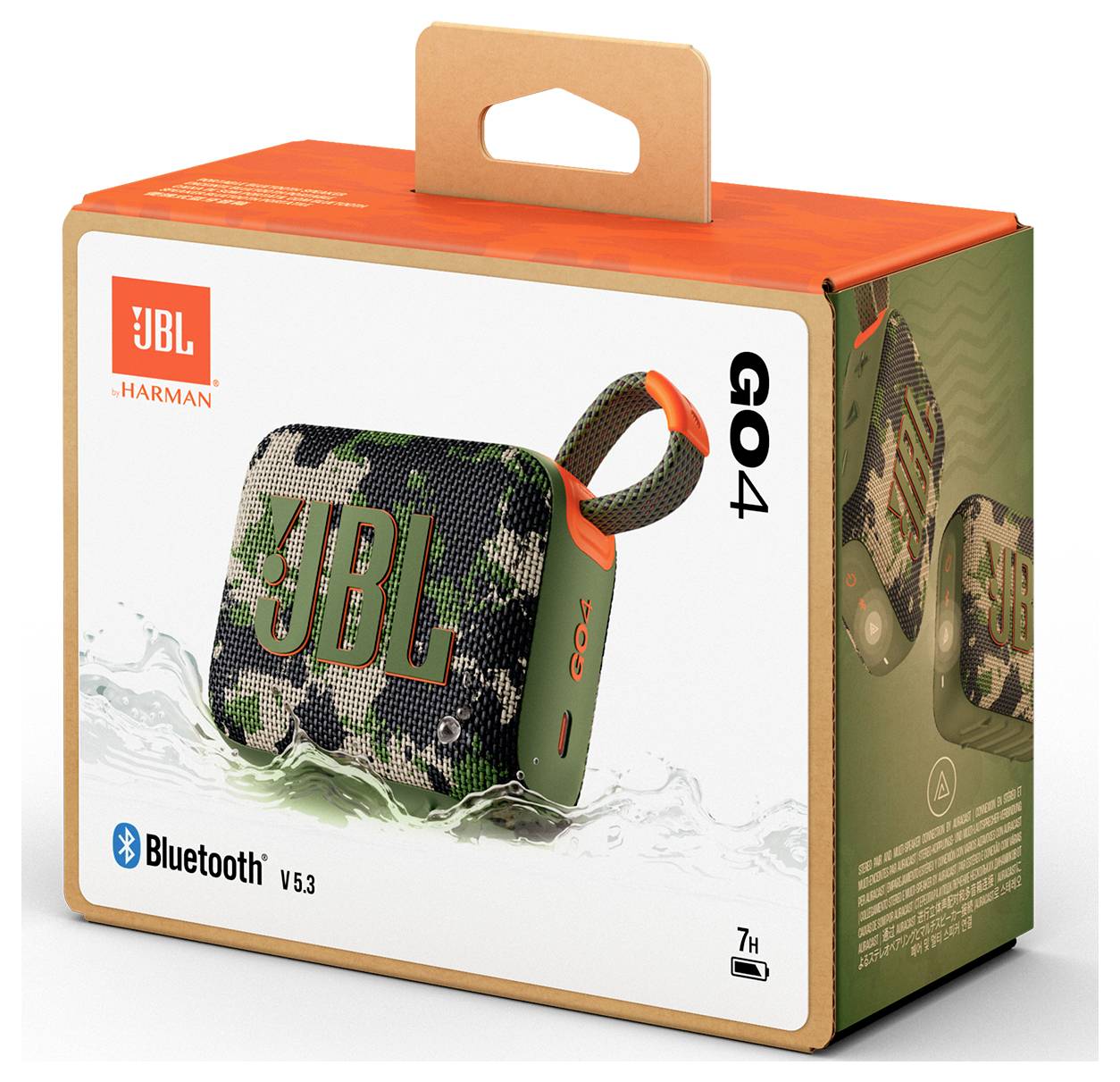 JBL GO4 wasserdichter Bluetooth-Lautsprecher im Tarndesign, auf Verpackung mit orangefarbenem Griff präsentiert, mit '7H' Batterielaufzeit-Beschriftung.