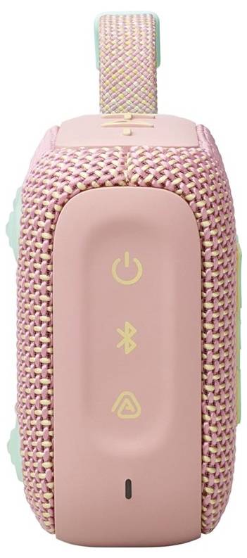 Ein tragbarer Lautsprecher mit einem rosa und strukturierten Design. Macht-, Bluetooth- und Assistenztasten sind auf der Vorderseite sichtbar.