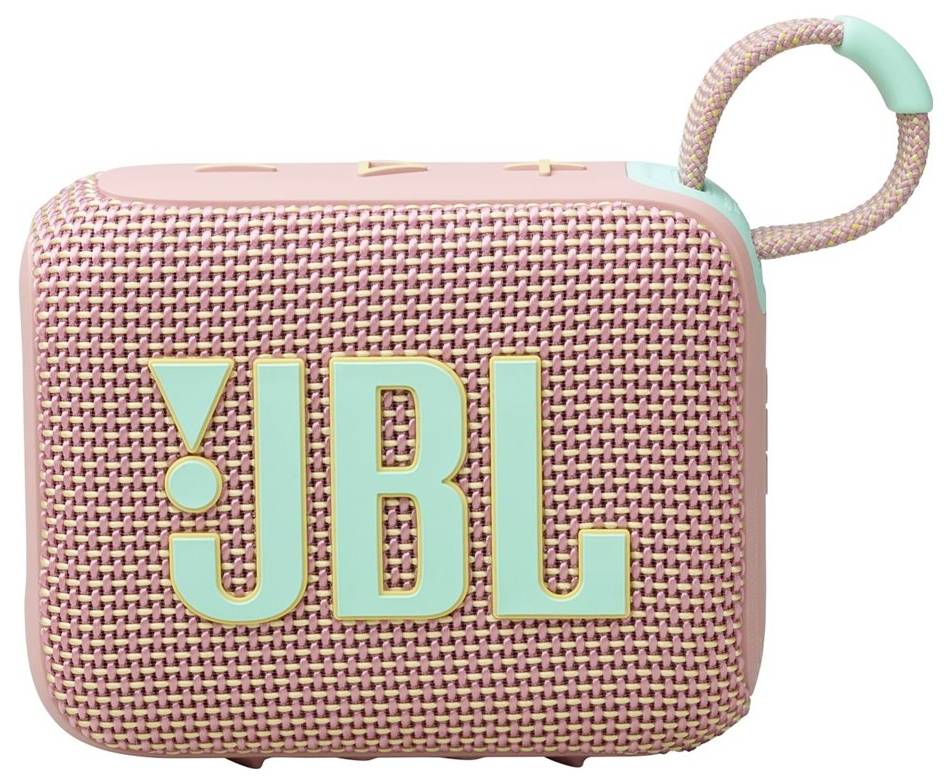 Ein rosa und mintfarbener tragbarer Bluetooth-Lautsprecher mit gewebter Vorderseite und Schlaufengriff. Das 'JBL' Logo ist prominent platziert.
