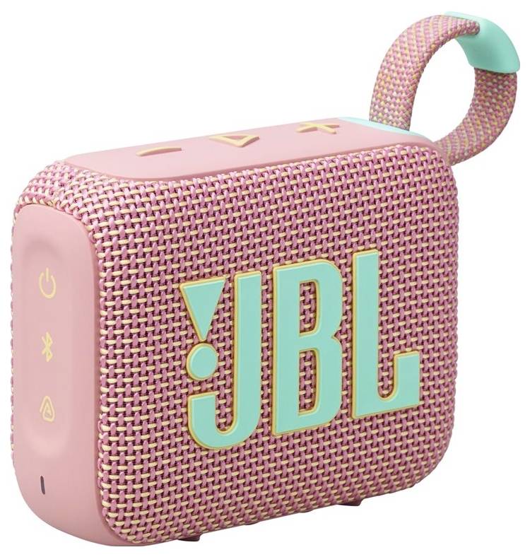 Ein pinker JBL tragbarer Bluetooth-Lautsprecher mit gewebter Textur und türkisfarbenem Logo, ausgestattet mit seitlichen Steuerungstasten und einem pinken Trageriemen.