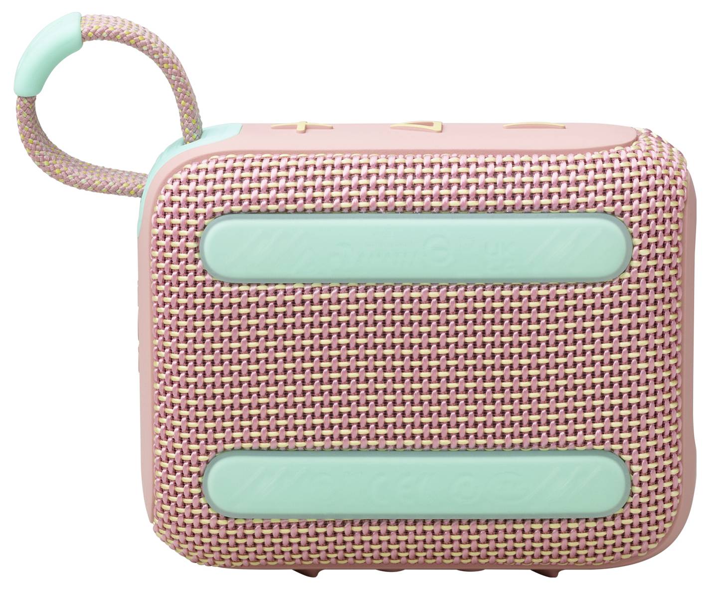 Ein rechteckiger rosa und beige tragbarer Lautsprecher mit gewebter Textur, versehen mit türkisfarbenen Akzenten und einem Trageriemen zum Aufhängen.