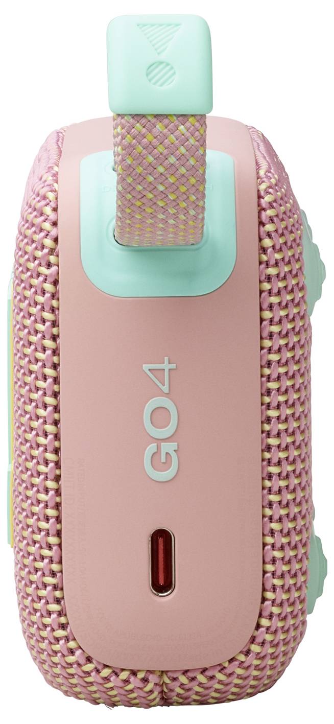 Ein tragbarer Bluetooth-Lautsprecher in Rosa und Türkis mit der Aufschrift "GO4" an der Seite.