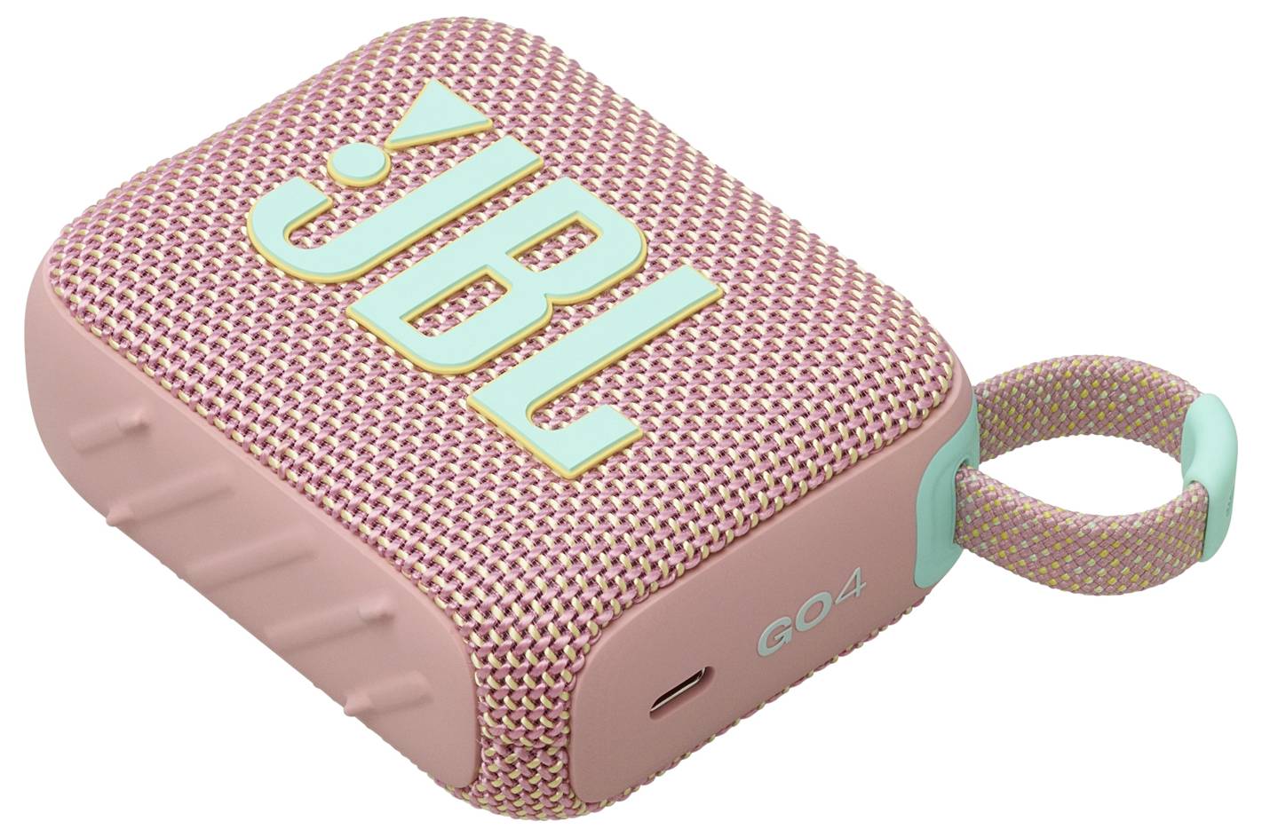Tragbarer pinker JBL Bluetooth-Lautsprecher mit Textiltextur, großem 'JBL'-Logo auf der Oberseite und einem türkisfarbenen Trageriemen.