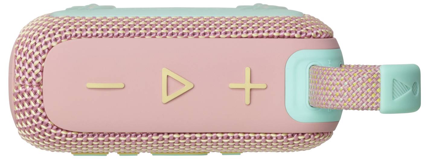 Ein tragbarer Lautsprecher mit einem Design in Rosa und Türkis, ausgestattet mit Lautstärke- und Wiedergabetasten, der eine gewebte Textur und einen Trageriemen aufweist.
