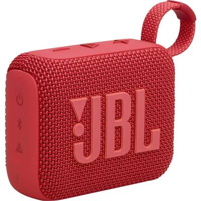 Ein roter tragbarer JBL Bluetooth-Lautsprecher mit gewebter Textur, Bedienungstasten oben und einer Schlaufe zum Tragen.