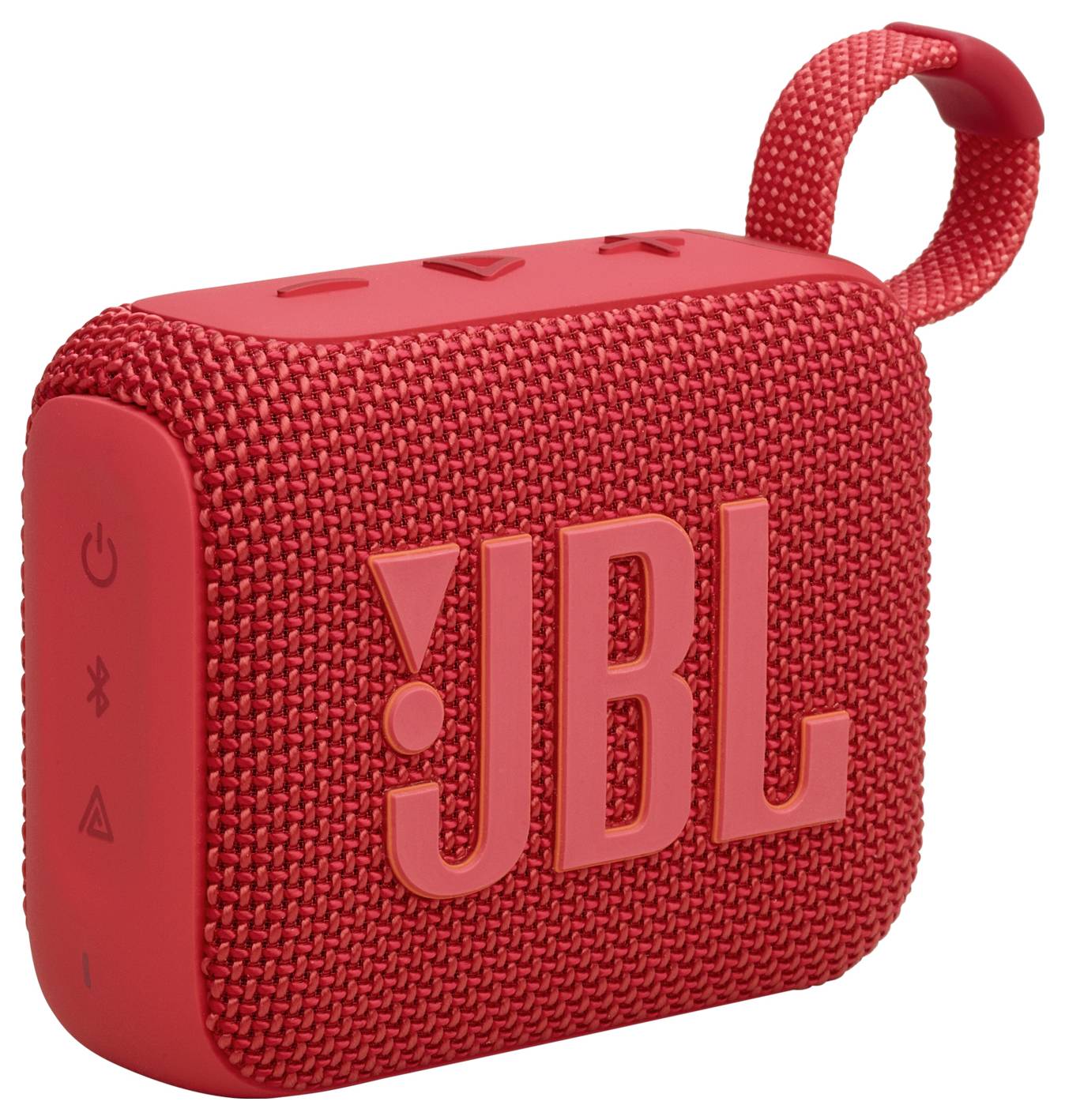 Ein roter tragbarer Bluetooth-Lautsprecher mit einer Oberfläche aus Textilstruktur und dem 'JBL'-Logo, ausgestattet mit einer Schlaufe zum Tragen.