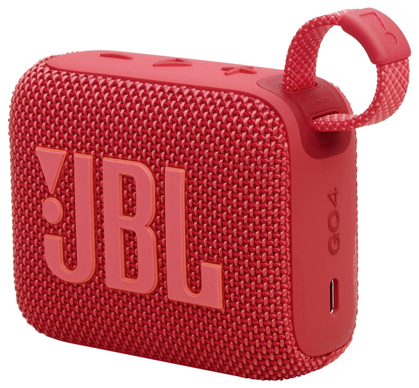 Ein roter tragbarer Bluetooth-Lautsprecher mit 'JBL' Logo, Stoffbezug und seitlichem Trageriemen.