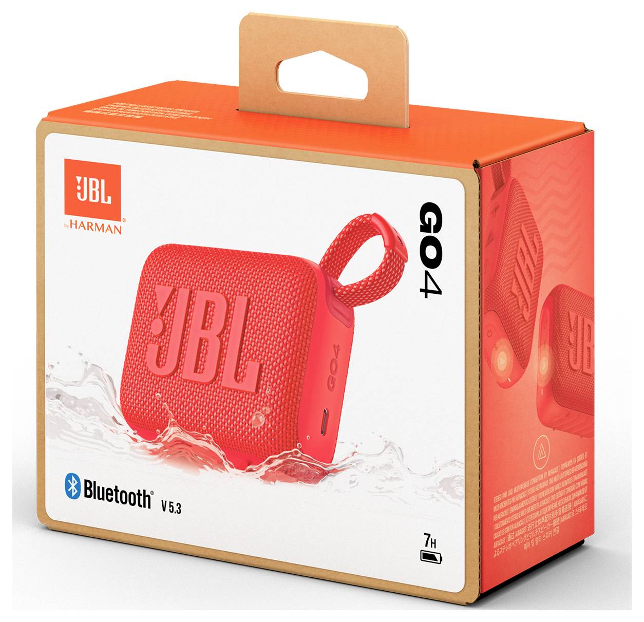 Eine Produktverpackung, die einen JBL GO 4 Bluetooth-Lautsprecher in Rot zeigt, mit dem JBL-Logo und einem Wasserspritzerdesign, das Wasserresistenz signalisiert.