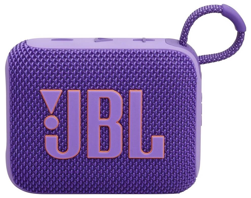 Ein lila JBL tragbarer Bluetooth-Lautsprecher mit strukturiertem Stoff, einem orangefarbenen Logo und einer Trageschlaufe.
